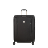 Black wheeled suitcase with a retractable handle and a logo on the front.