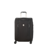 Black wheeled suitcase with a retractable handle and zipper compartments.
