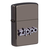 Metallic gray Zippo lighter with raised logo on its surface.