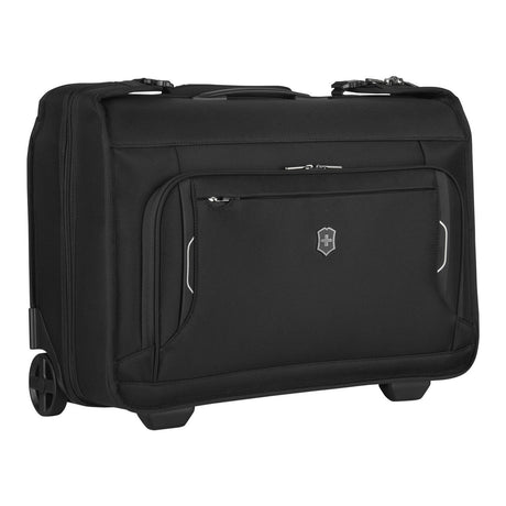 Black rolling garment bag or carry-on luggage with multiple compartments and a Victorinox logo.