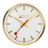 Circular wall clock with a white face, gold rim, and red second hand.