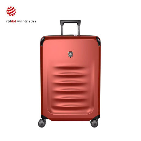 Red hardshell rolling suitcase with horizontal ridges and a retractable handle.