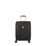 Black rolling carry-on suitcase with a retractable handle.