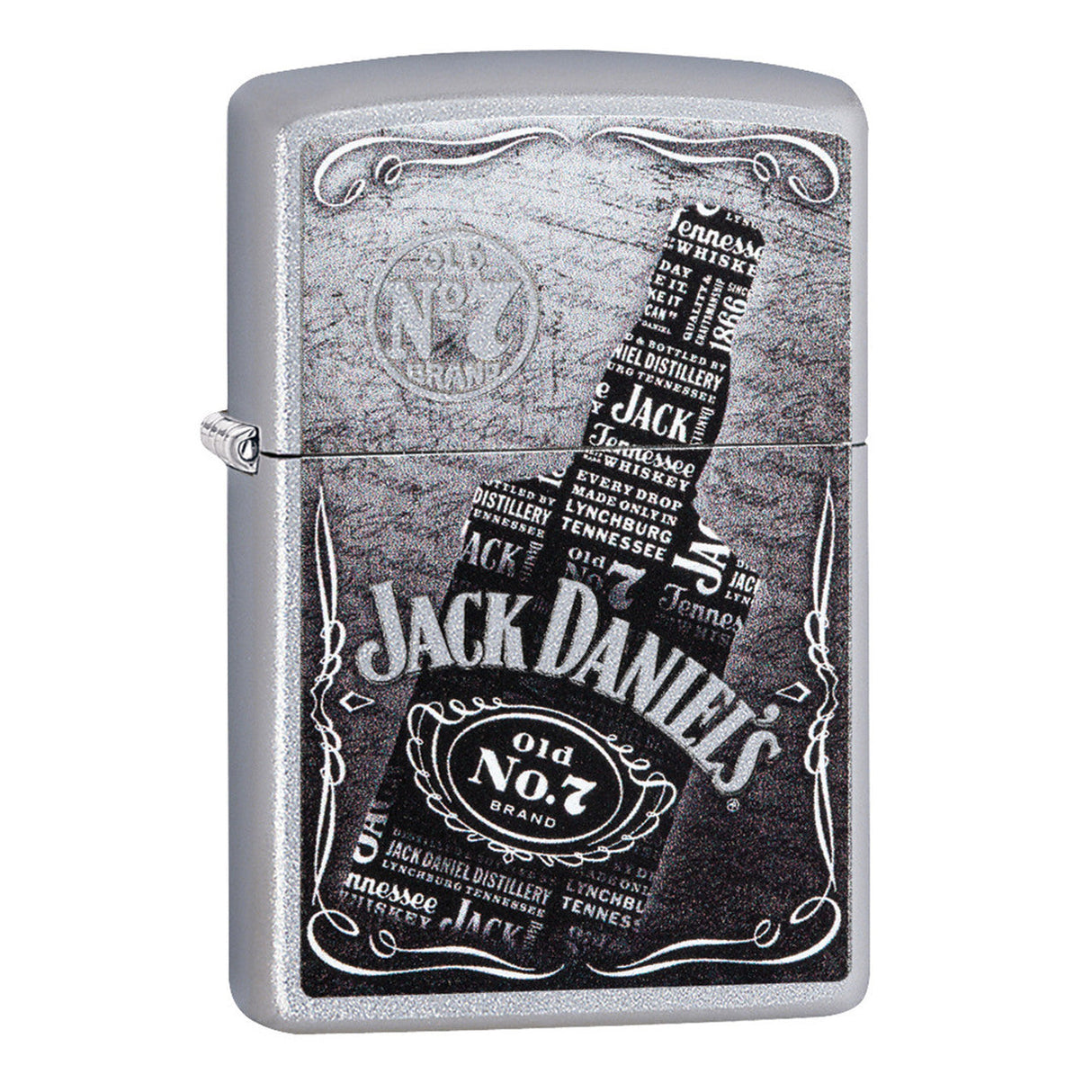 Zippo lighter featuring a Jack Daniel’s whiskey bottle design in black and white.