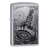 Zippo lighter featuring a Jack Daniel’s whiskey bottle design in black and white.