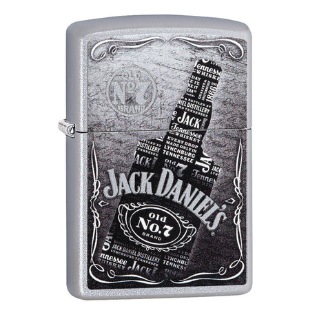 Zippo lighter featuring a Jack Daniel’s whiskey bottle design in black and white.