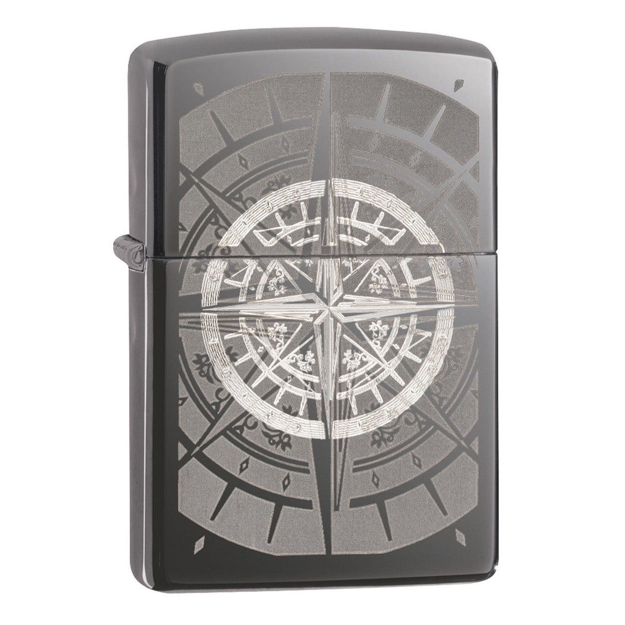 Zippo lighter with an engraved compass rose design on its surface.