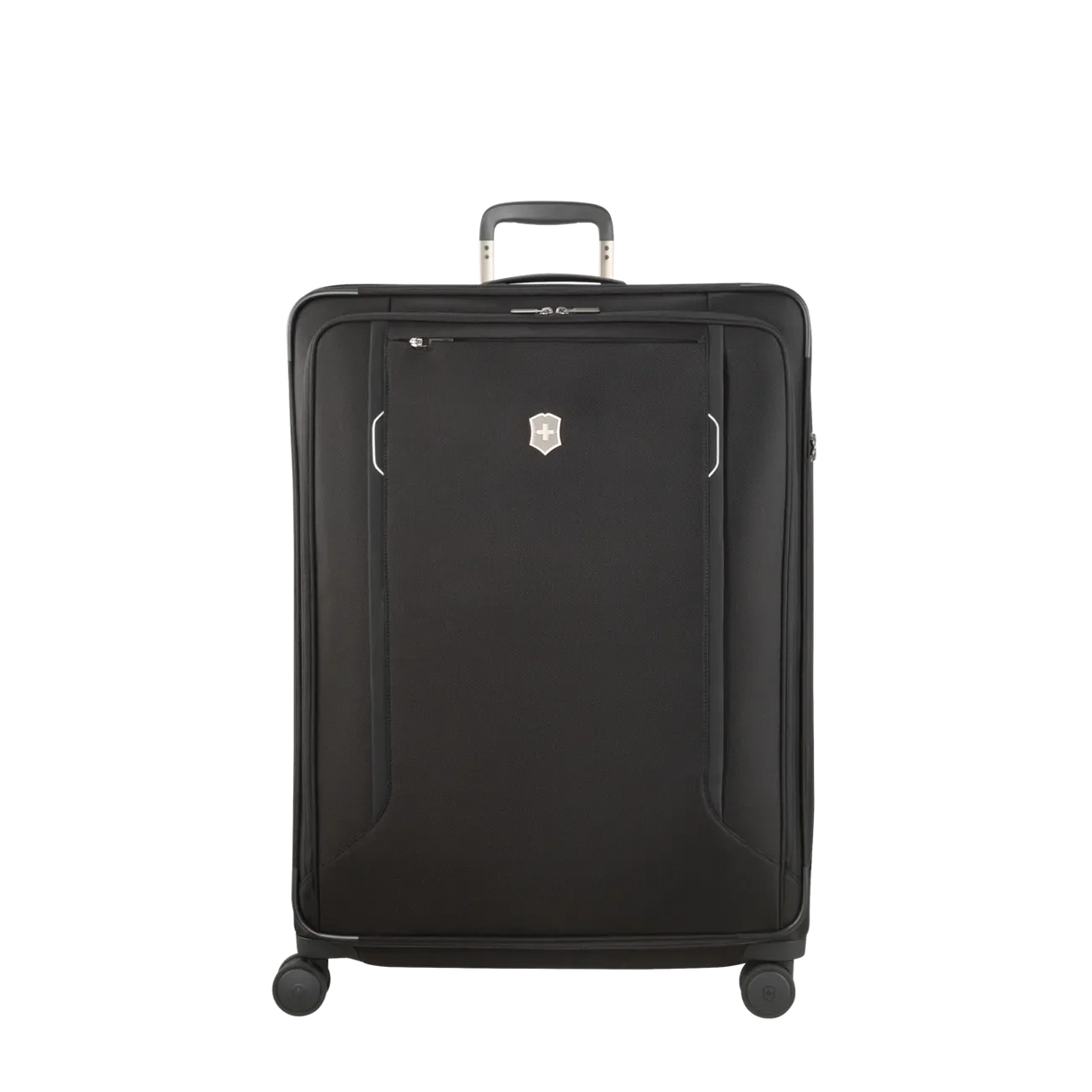 Black rolling suitcase with a retractable handle and spinner wheels.