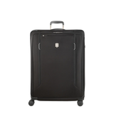 Black rolling suitcase with a retractable handle and spinner wheels.