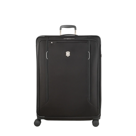 Black rolling suitcase with a retractable handle and spinner wheels.