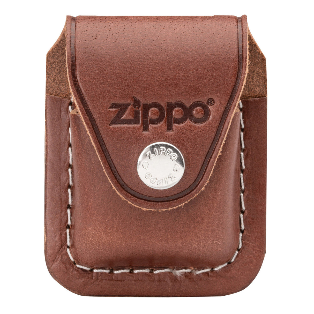 Brown leather pouch with ’Zippo’ logo and snap closure for carrying a lighter.