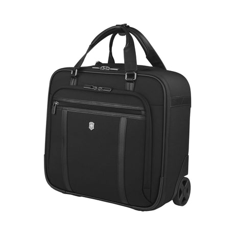 Black wheeled laptop bag or briefcase with multiple compartments and handles.