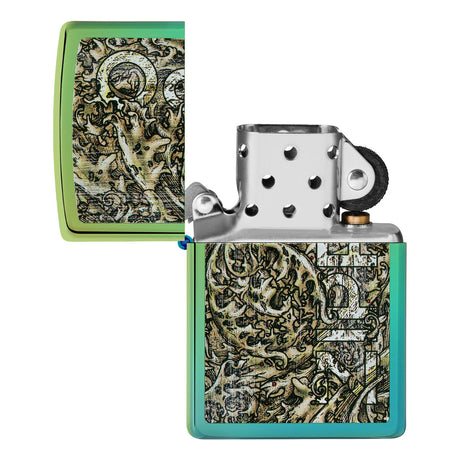 Zippo-style lighter with an intricate green and black floral design on its case.