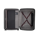 Open suitcase with interior compartments and straps visible.