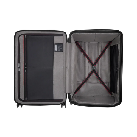 Open suitcase with interior compartments and straps visible.