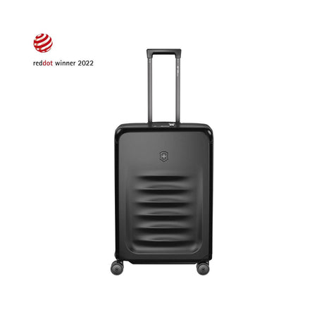 Black hardshell rolling suitcase with horizontal ridges on the front.