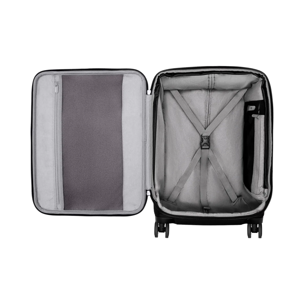 Open suitcase with interior compartments and straps visible.