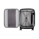 Open suitcase with interior compartments and straps visible.
