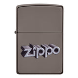Metallic gray Zippo lighter with raised 3D logo.