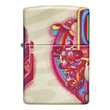 Zippo lighter with a colorful, abstract anatomical heart design on its case.