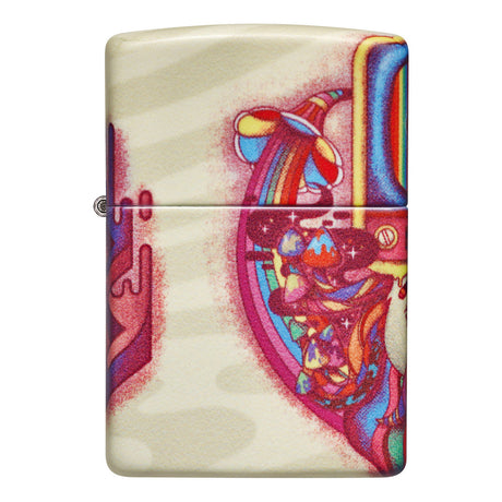 Zippo lighter with a colorful, abstract anatomical heart design on its case.