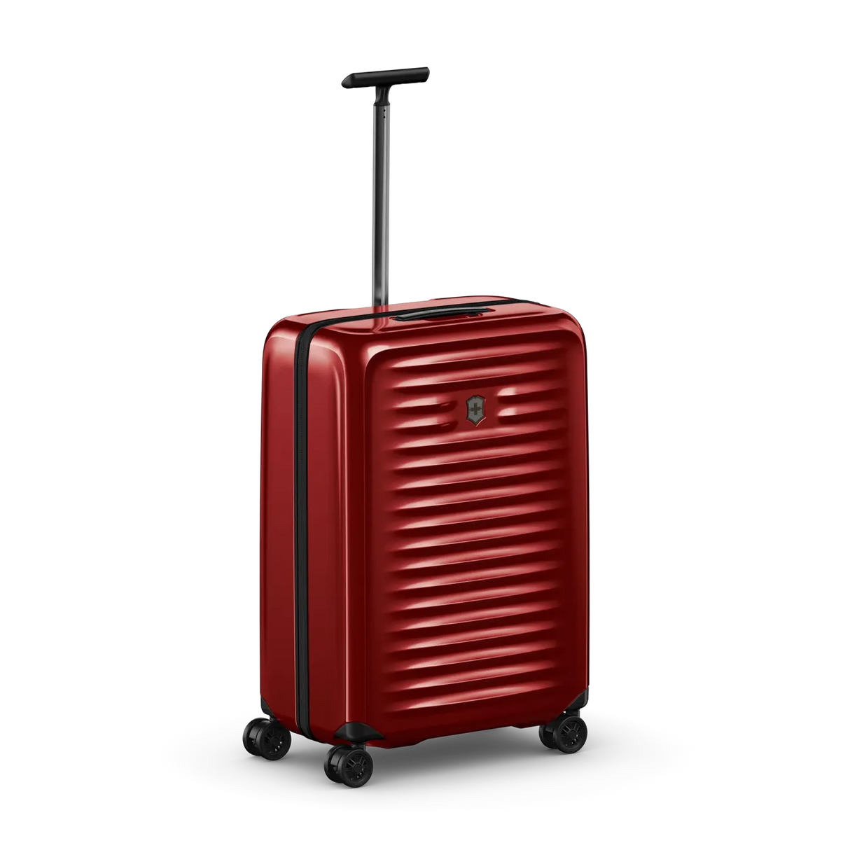 Red hardshell rolling suitcase with horizontal ridges and an extendable handle.