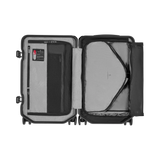 Open suitcase with interior compartments and straps visible.