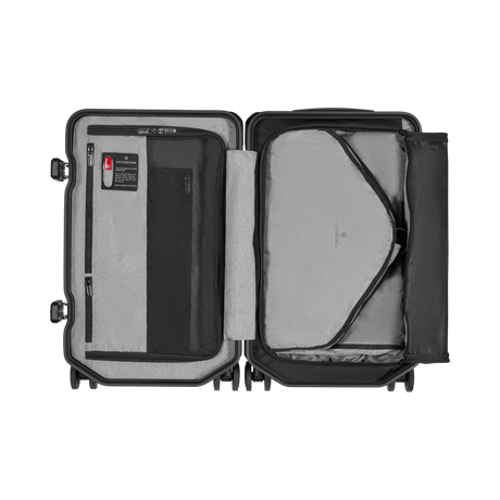 Open suitcase with interior compartments and straps visible.