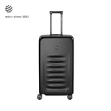 Black hardshell rolling suitcase with horizontal ridges on the front.
