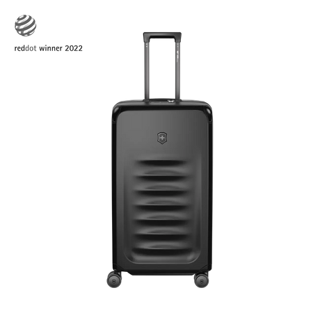 Black hardshell rolling suitcase with horizontal ridges on the front.