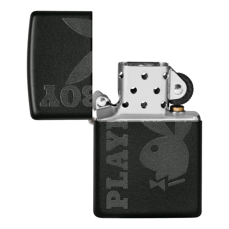 Black Zippo-style lighter with Playboy bunny logo and text.