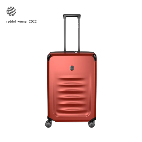 Red hardshell rolling suitcase with horizontal ridges on its front face.