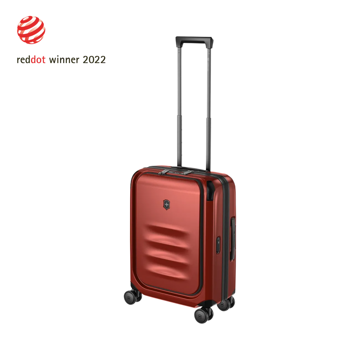 Red hardshell carry-on suitcase with a retractable handle and wheels.