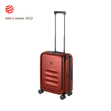 Red hardshell carry-on suitcase with a retractable handle and wheels.
