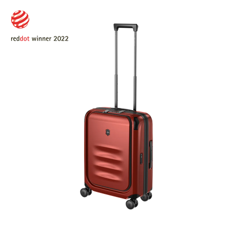 Red hardshell carry-on suitcase with a retractable handle and wheels.