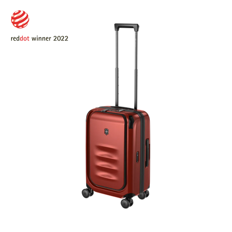 Red hardshell carry-on suitcase with a telescoping handle and wheels.
