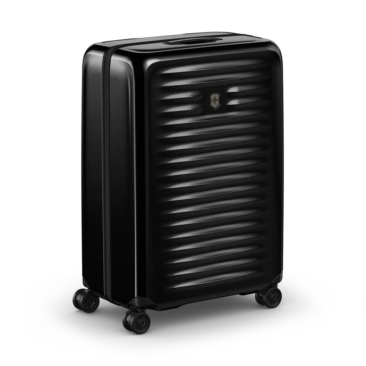 Black hardshell rolling suitcase with horizontal ridges and wheels.