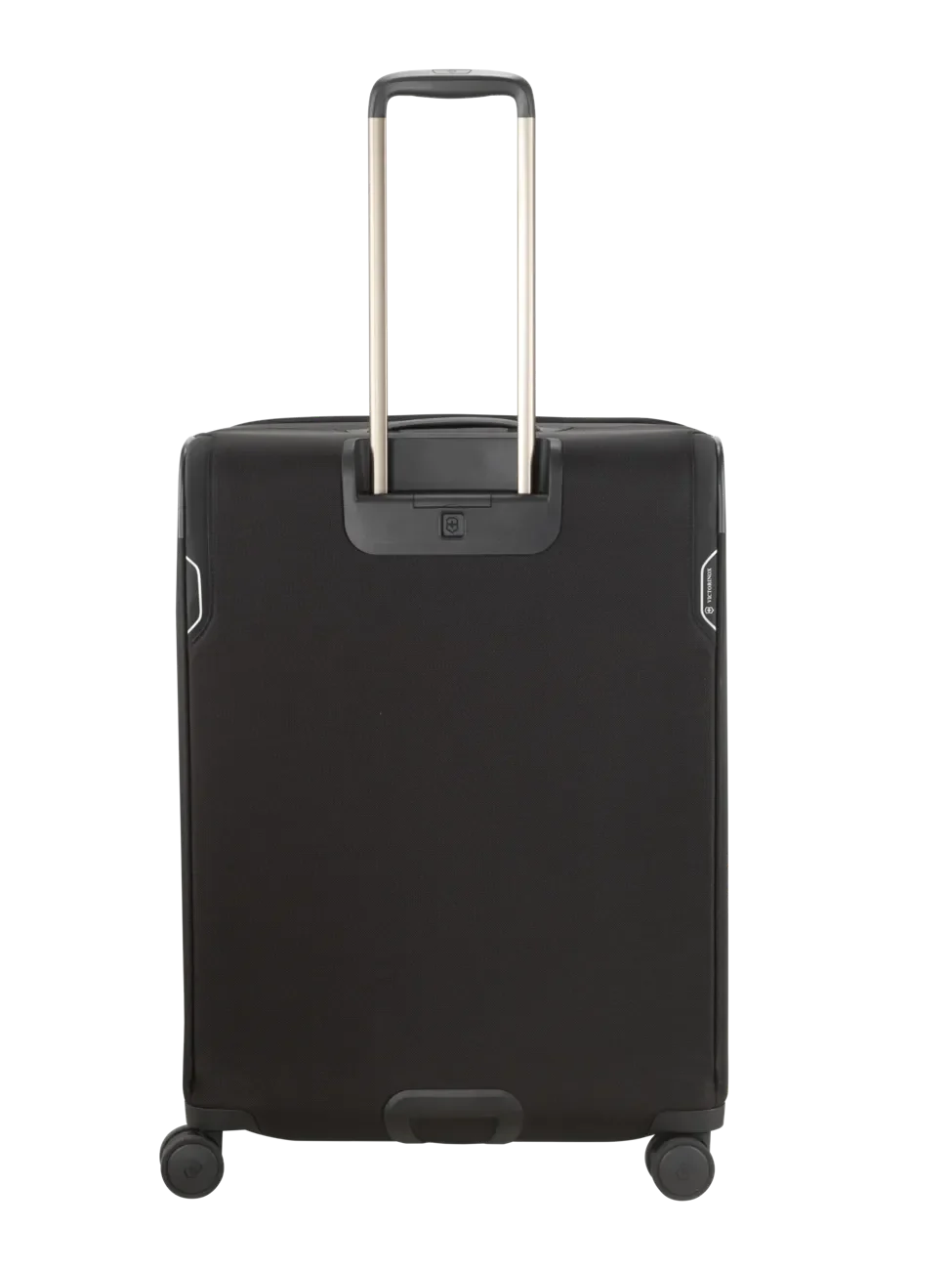 Black rolling suitcase with an extendable handle.