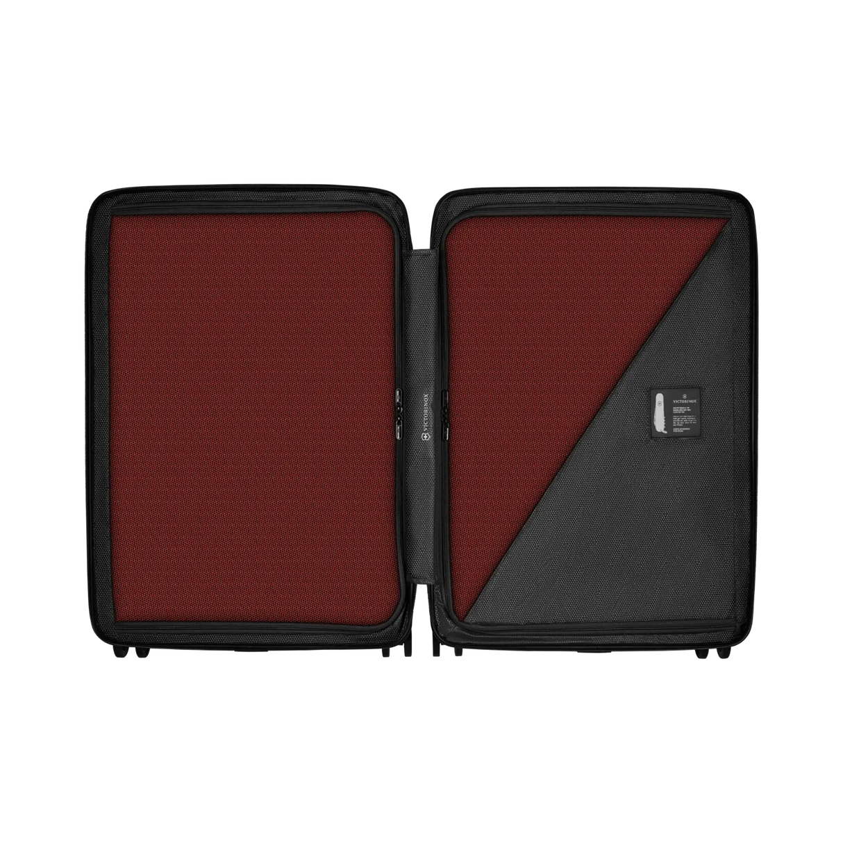 Open suitcase with a black exterior and burgundy interior lining.