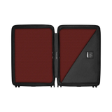 Open suitcase with a black exterior and burgundy interior lining.