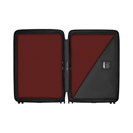 Open suitcase with a black exterior and burgundy interior lining.