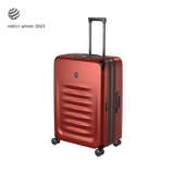 Red hardshell rolling suitcase with horizontal ridges and an extendable handle.