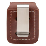 Brown leather belt clip or holster with a metal fastener.