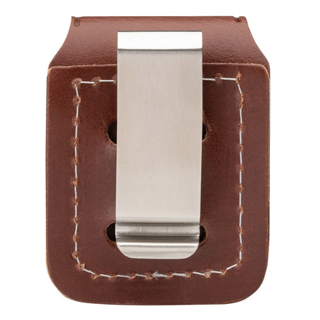 Brown leather belt clip or holster with a metal fastener.
