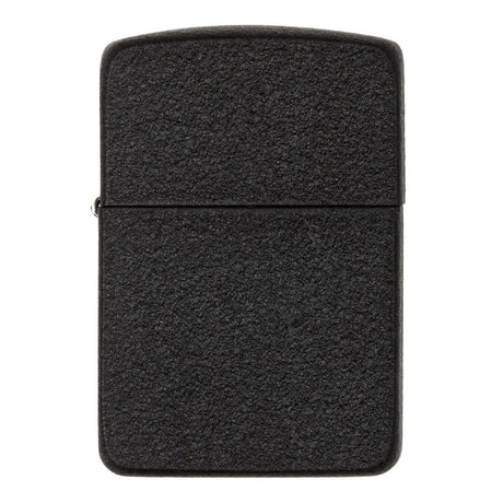 Black textured Zippo-style metal lighter with a hinged lid.