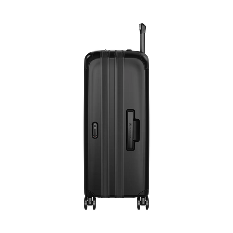 Black hardshell rolling suitcase with vertical ridges and a retractable handle.