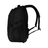 Black backpack with multiple compartments and adjustable straps.