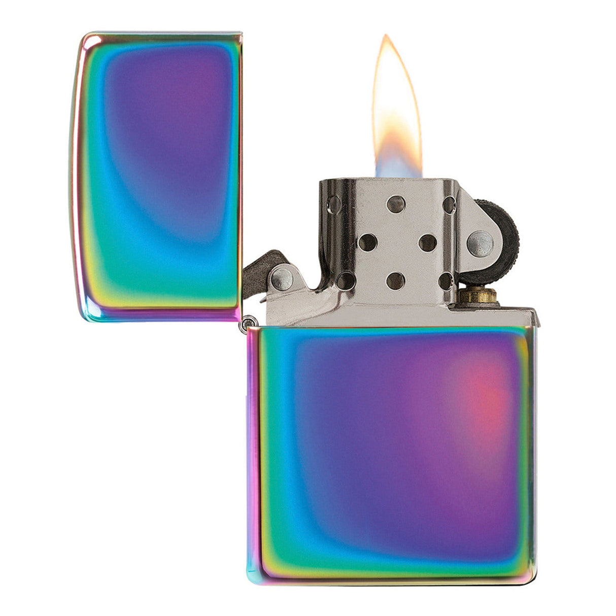 Iridescent metal lighter with a lit flame.