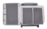 Wheeled suitcase with multiple compartments opened to display its interior organization.