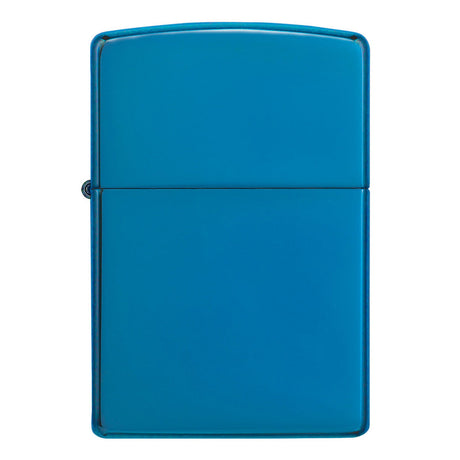 Blue metallic Zippo-style lighter with a hinged lid.